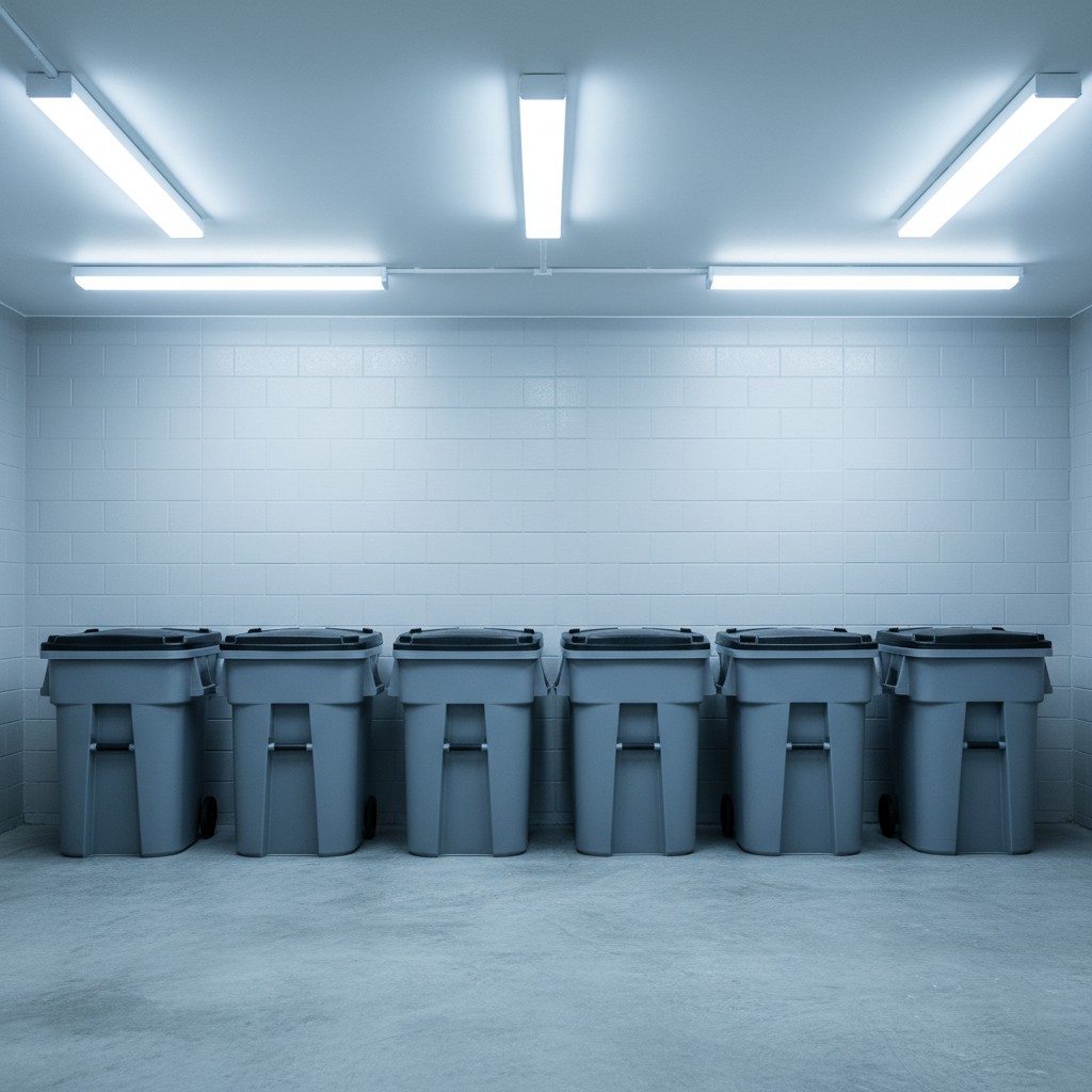 Six wheeled grey trash bins in a confined, drained room with gray walls.