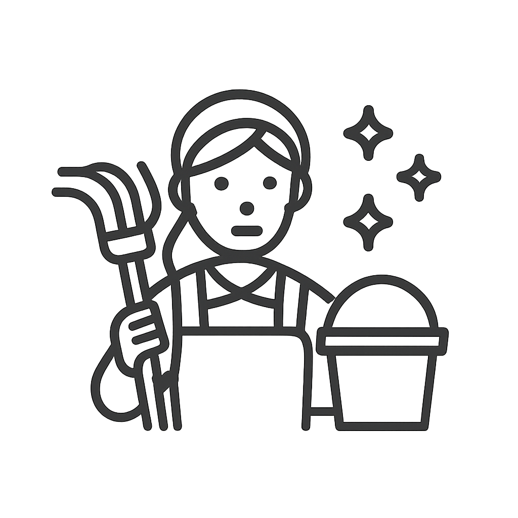 A simple line drawing of a person with a bucket and brushes. The image is likely intended for use as a symbol of housekeep...